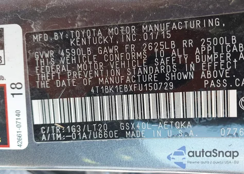 2015 Toyota Avalon Xle Touring из США, поврежденный, VIN 4T1BK1EBXFU150729